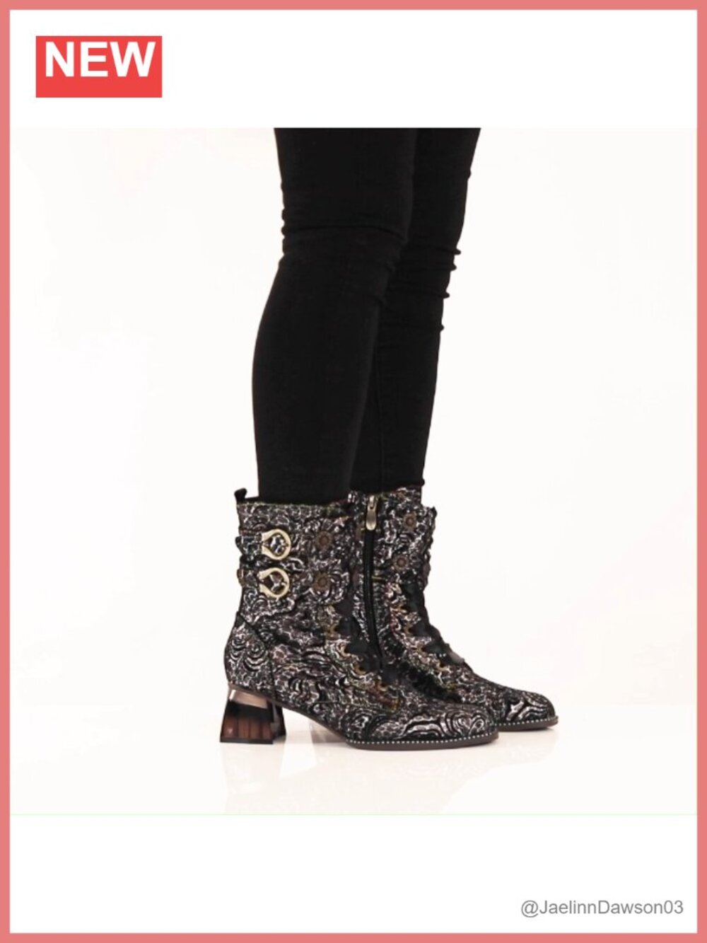 Suede Mid-Calf Boots with Floral Applique Adjustable Fit Block Heel - Picture 6 of 6